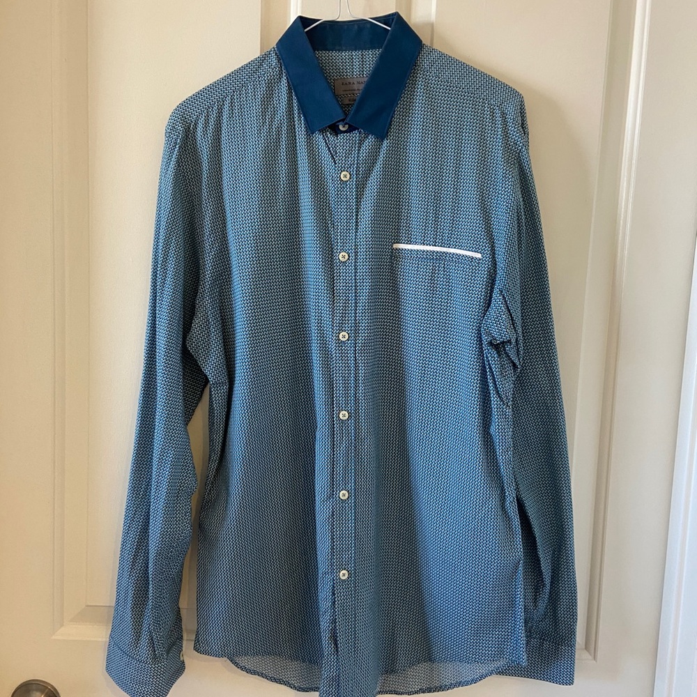 Zara Men’s Long Sleeve Slim Fit Button Down Shirt Lightweight Blue / Green Large